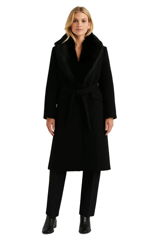 Women's Long Coat | Collar & Belted Waist