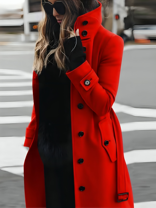 Women's Long Coat | High Collar & Tie-Belt Design