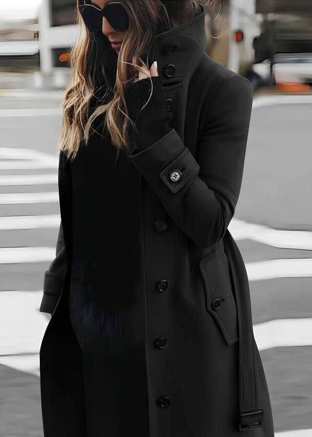 Women's Long Coat | High Collar & Tie-Belt Design