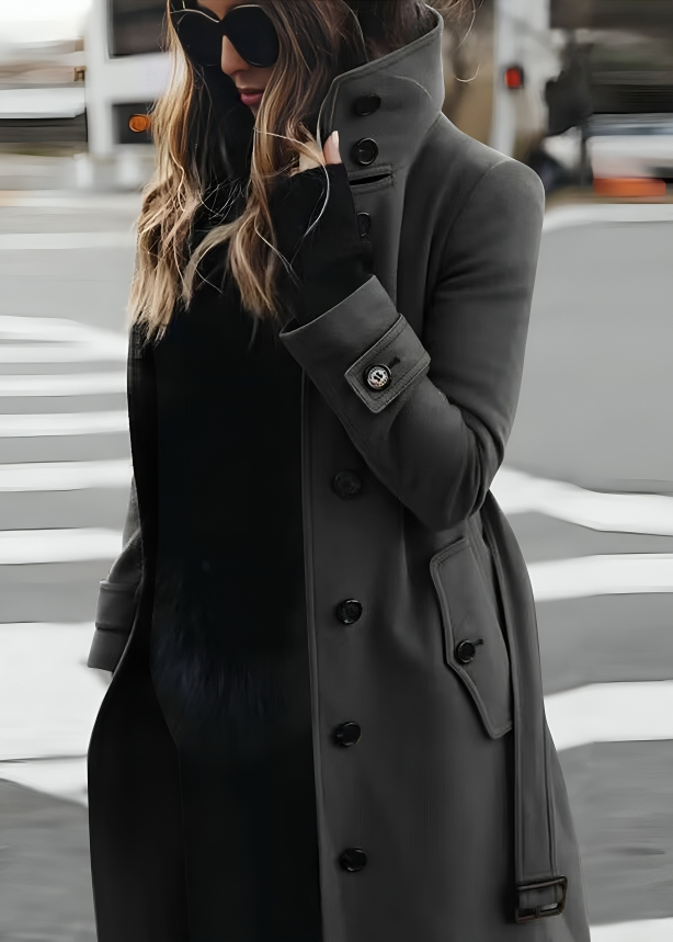 Women's Long Coat | High Collar & Tie-Belt Design