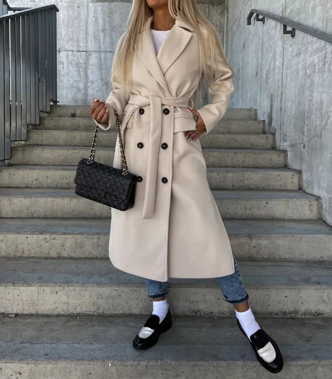 Chic Women’s Long Double-Breasted Winter Coat - Stylish Belted Overcoat