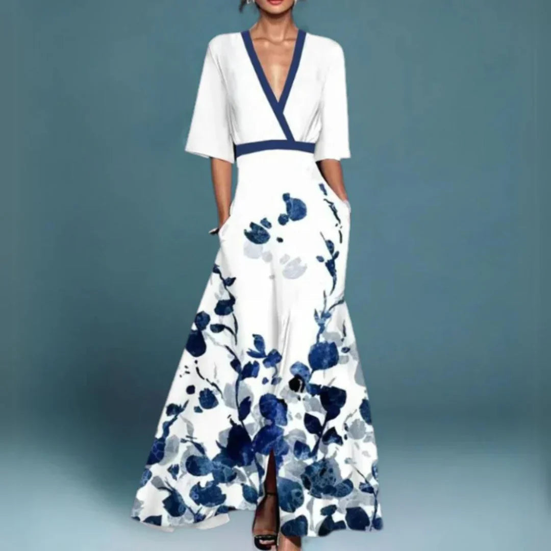 Women's Long Dress | Floral Embroidered V-Neck