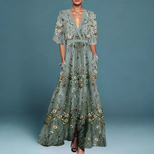 Women's Long Dress | Floral Embroidered V-Neck