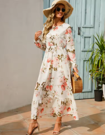 Women's Long Dress | Floral Print Long Sleeve Ruffle Hem