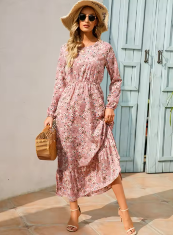 Women's Long Dress | Floral Print Long Sleeve Ruffle Hem