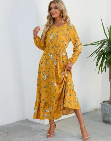 Women's Long Dress | Floral Print Long Sleeve Ruffle Hem