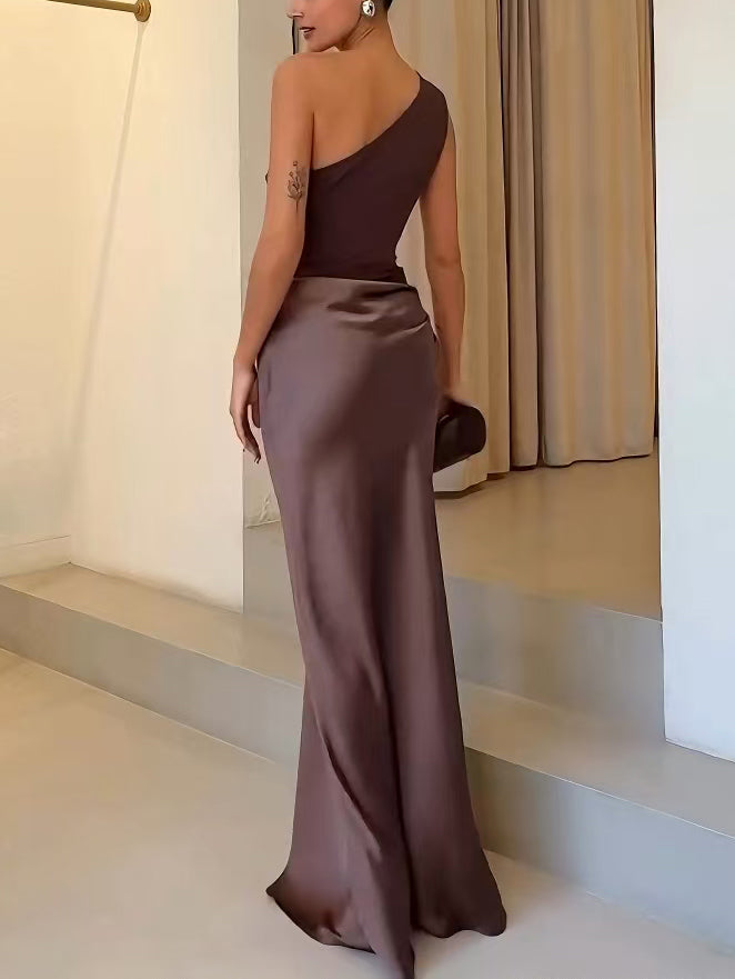 Women's Long Dress | One Shoulder Pleated Design