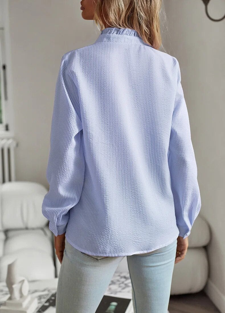 Women's Long Sleeve Blouse | Frilled Collar, Ruffle Placket