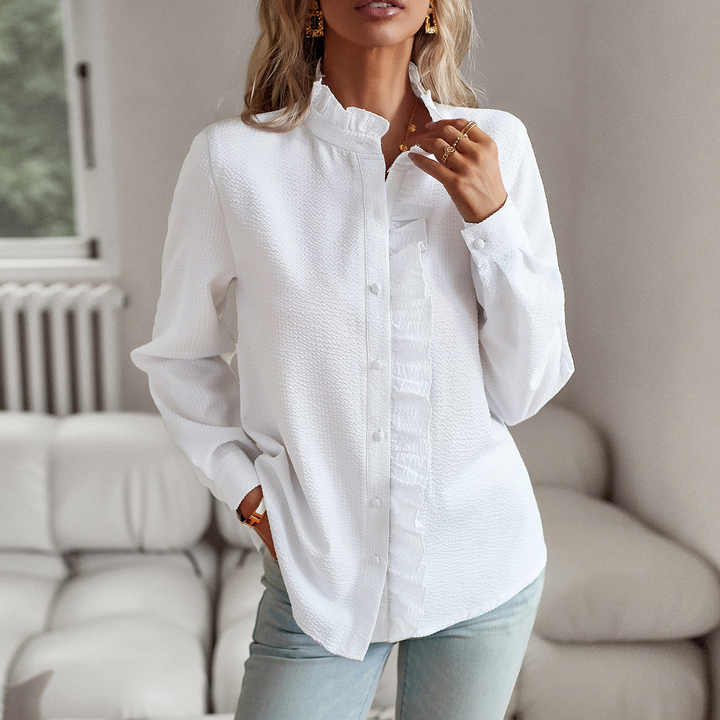 Women's Long Sleeve Blouse | Frilled Collar, Ruffle Placket