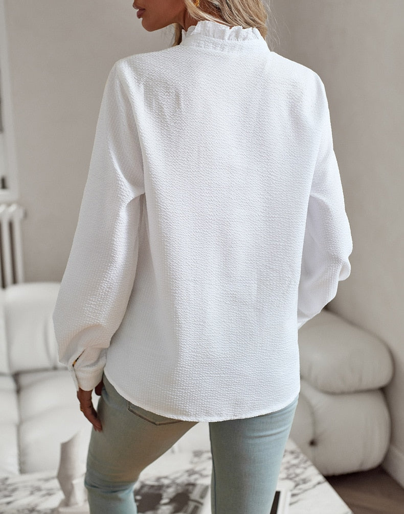 Women's Long Sleeve Blouse | Frilled Collar, Ruffle Placket