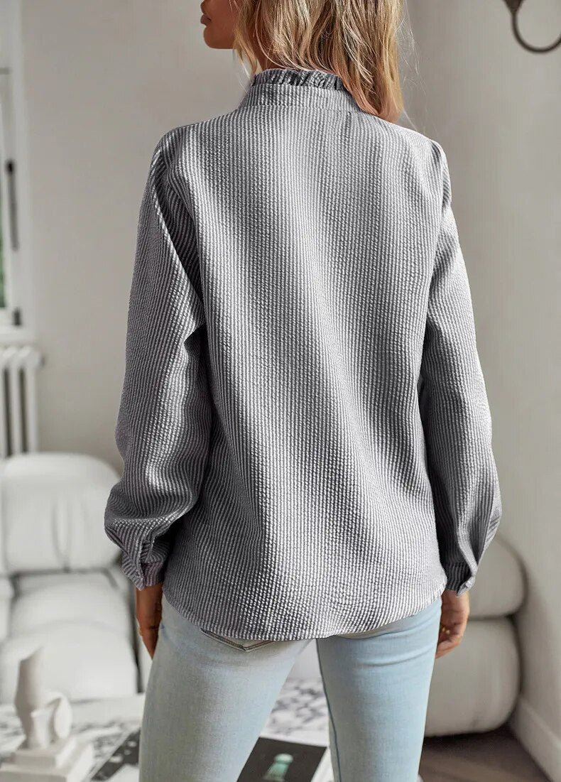 Women's Long Sleeve Blouse | Frilled Collar, Ruffle Placket