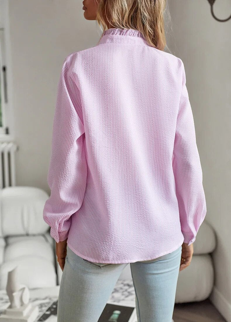 Women's Long Sleeve Blouse | Frilled Collar, Ruffle Placket
