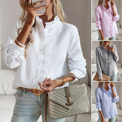 Women's Long Sleeve Blouse | Frilled Collar, Ruffle Placket