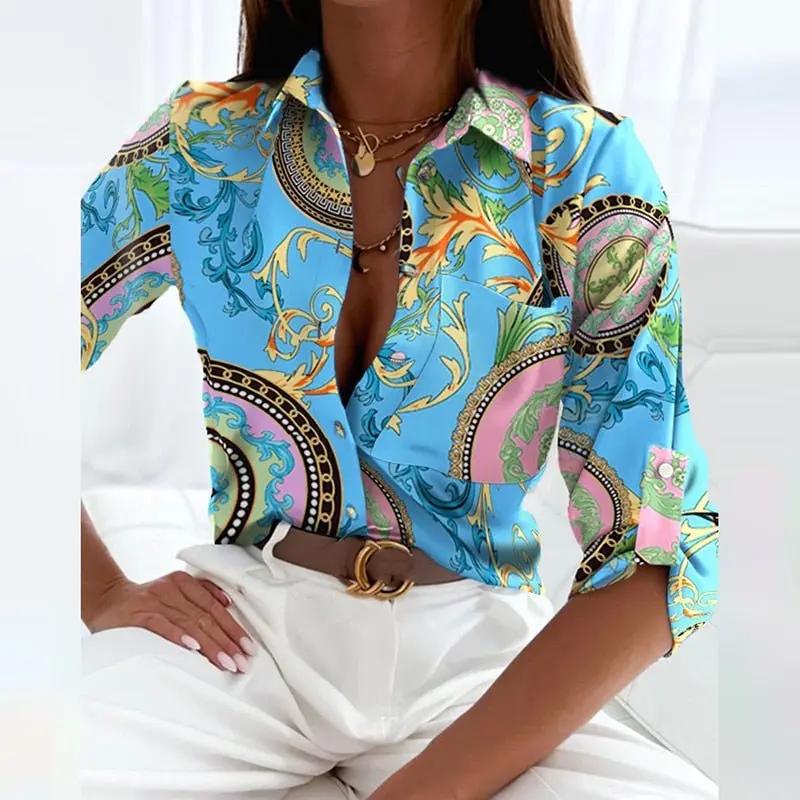 Women's Long Sleeve Blouse | Point Collar, Line Print