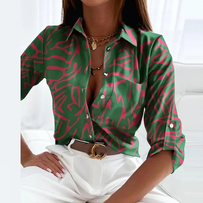 Women's Long Sleeve Blouse | Point Collar, Line Print