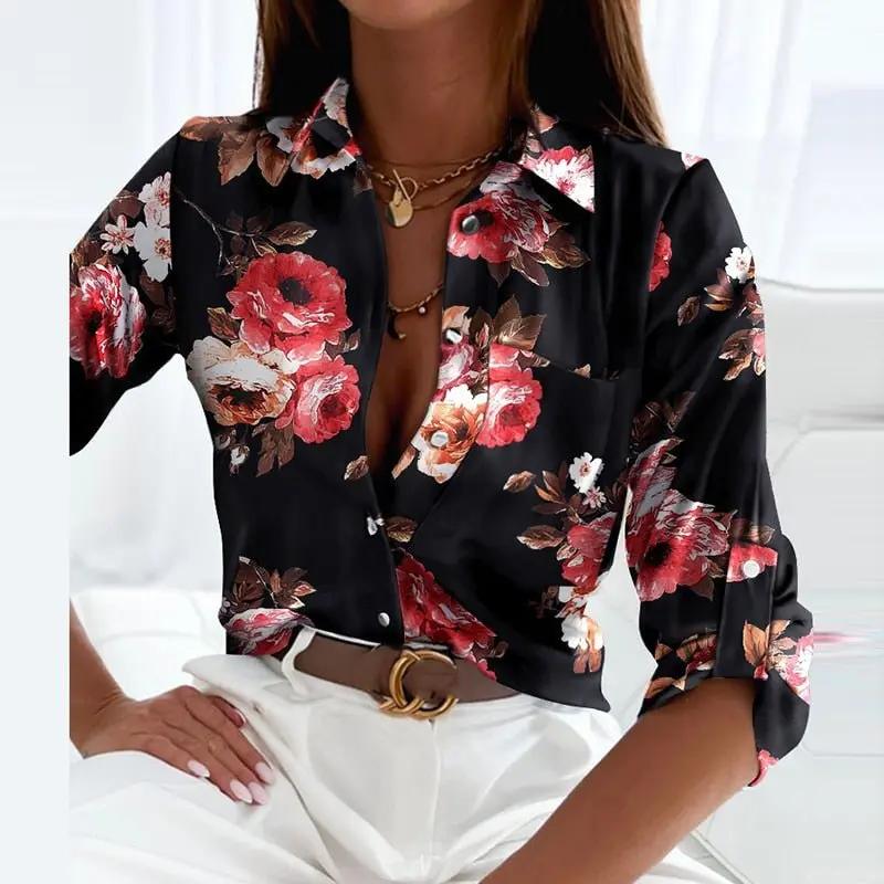 Women's Long Sleeve Blouse | Point Collar, Line Print