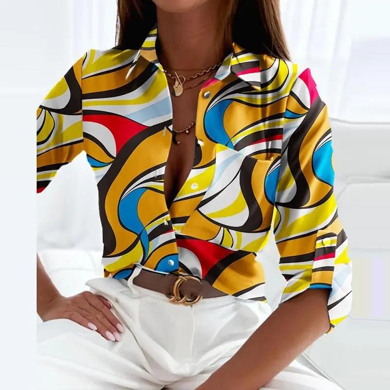 Women's Long Sleeve Blouse | Point Collar, Line Print