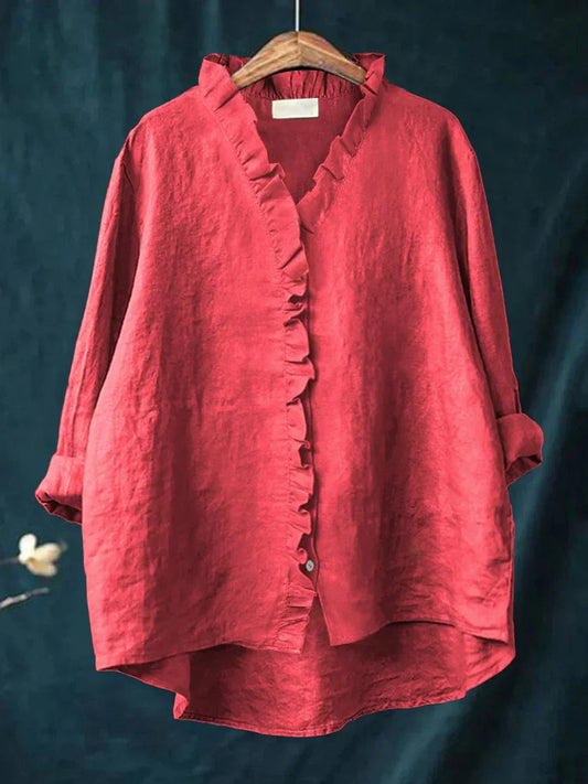 Women's Long Sleeve Blouse | Ruffle Placket, Dipped Hem
