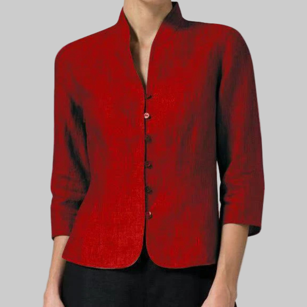 Women's Long Sleeve Blouse | Stand Collar, Curved Hem