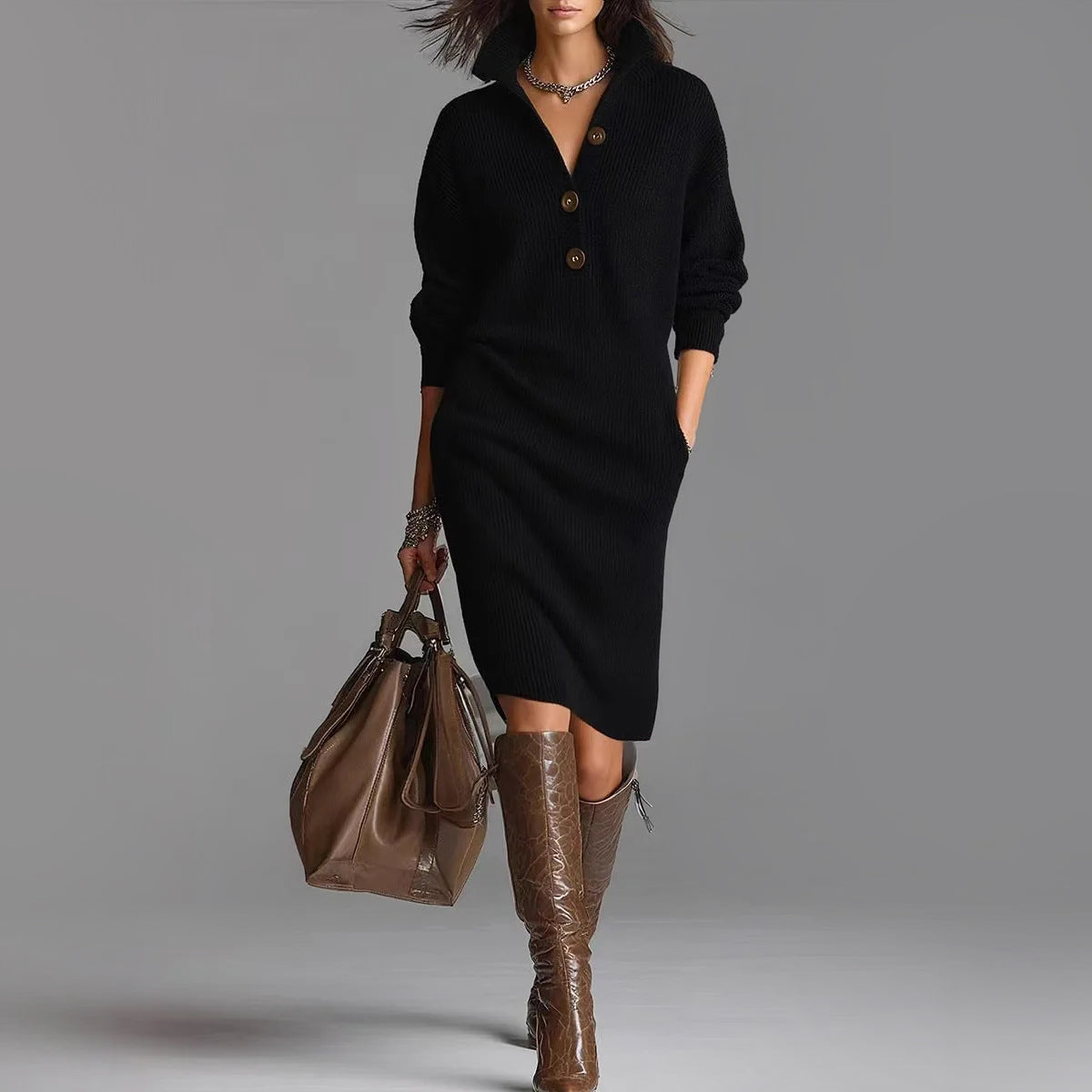 Women's Long Sleeve Dress | Stand Collar, Ribbed Body