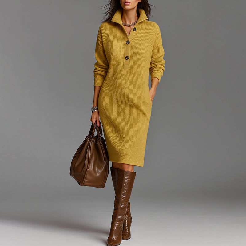 Women's Long Sleeve Dress | Stand Collar, Ribbed Body