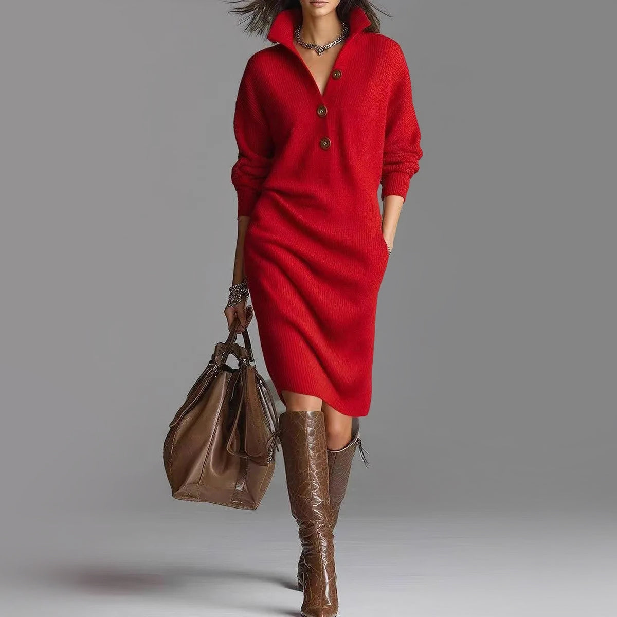Women's Long Sleeve Dress | Stand Collar, Ribbed Body