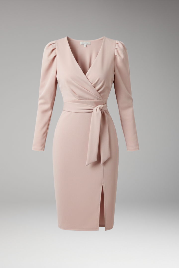 Women's Long Sleeve Dress | Wrap V Neck, Front Split Hem