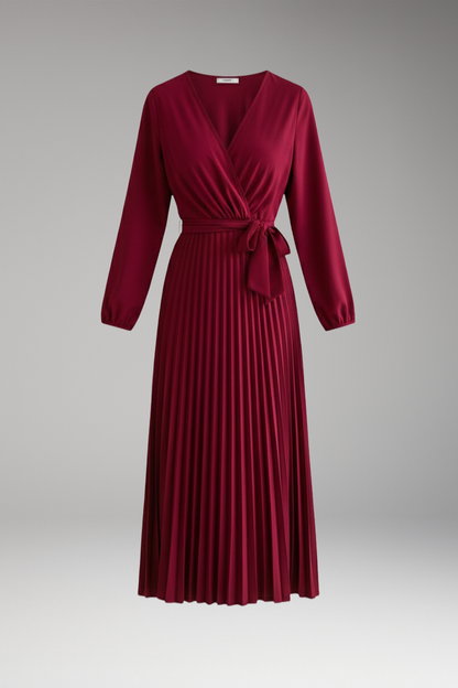 Women's Long Sleeve Dress | Wrap V Neck, Pleated Skirt