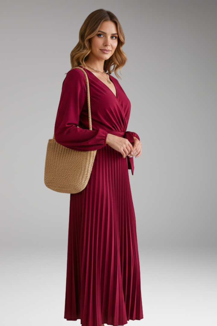 Women's Long Sleeve Dress | Wrap V Neck, Pleated Skirt