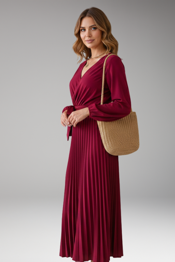 Women's Long Sleeve Dress | Wrap V Neck, Pleated Skirt