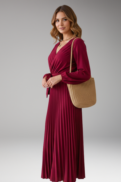 Women's Long Sleeve Dress | Wrap V Neck, Pleated Skirt
