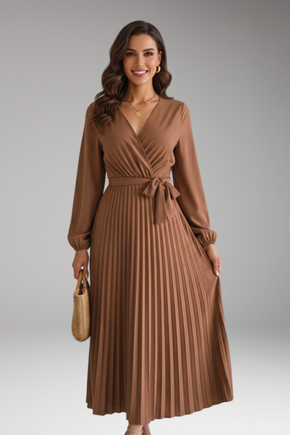 Women's Long Sleeve Dress | Wrap V Neck, Pleated Skirt