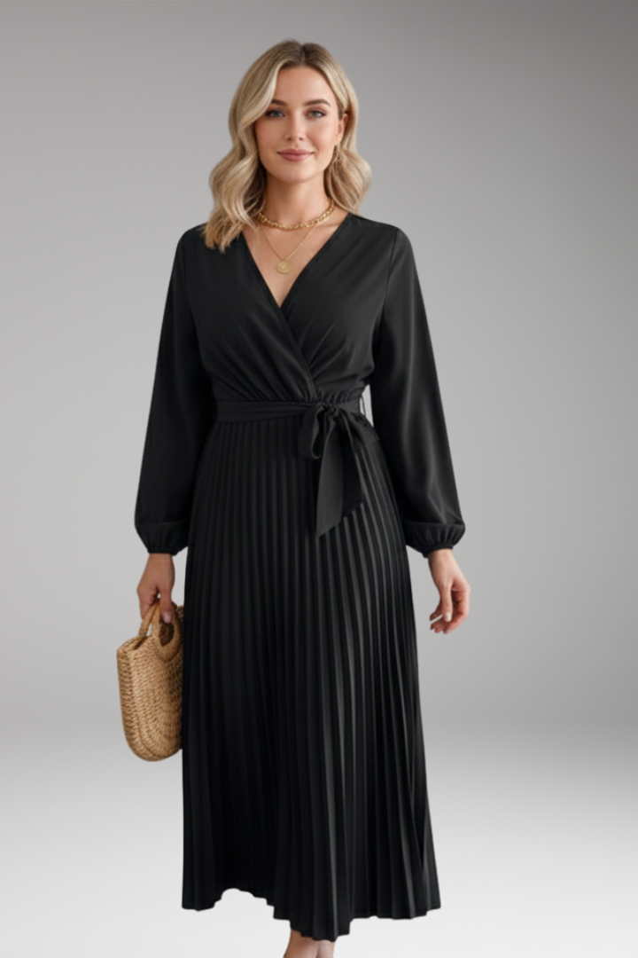 Women's Long Sleeve Dress | Wrap V Neck, Pleated Skirt