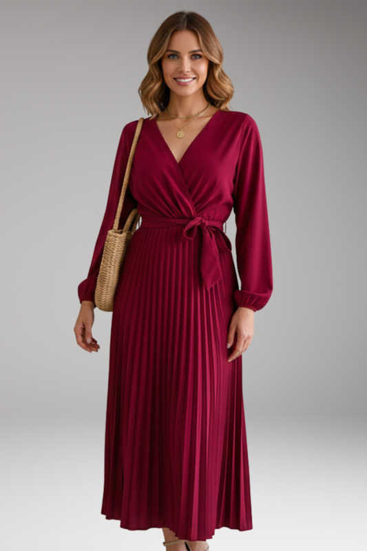 Women's Long Sleeve Dress | Wrap V Neck, Pleated Skirt