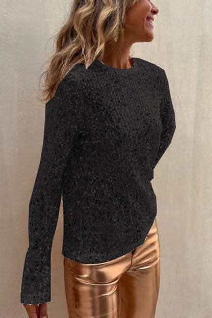 Women's Long Sleeve Top | All-Over Sequins, Round Neck