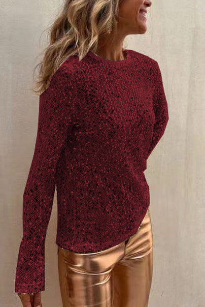 Women's Long Sleeve Top | All-Over Sequins, Round Neck