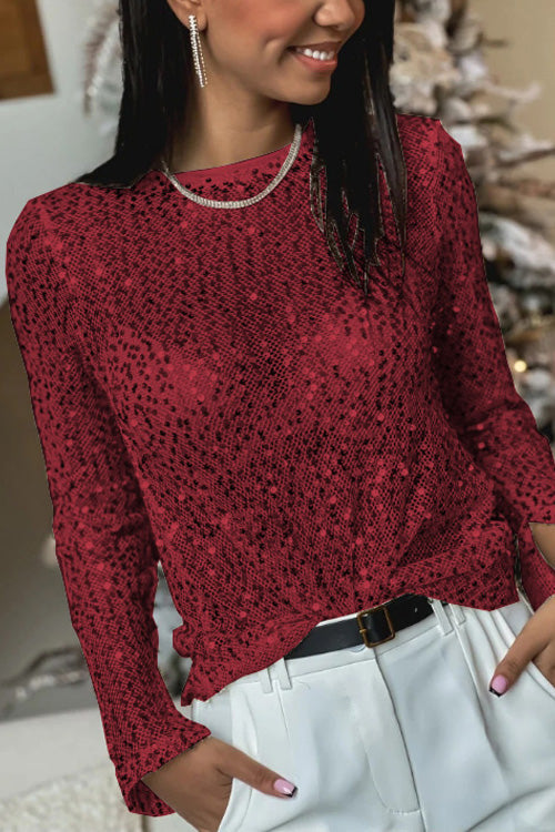 Women's Long Sleeve Top | All-Over Sequins, Round Neck