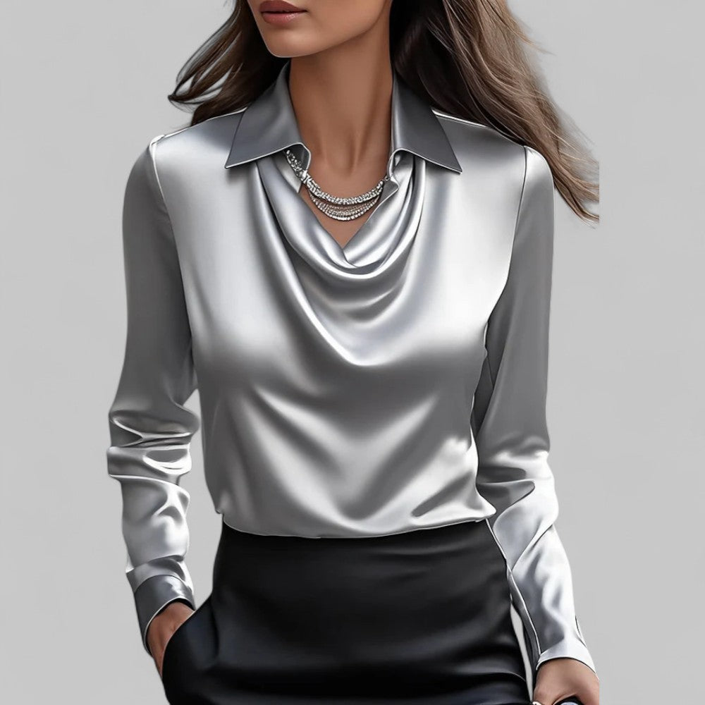 Women's Long Sleeve Top | Point Collar, Draped Neckline