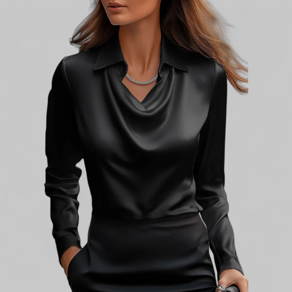 Women's Long Sleeve Top | Point Collar, Draped Neckline