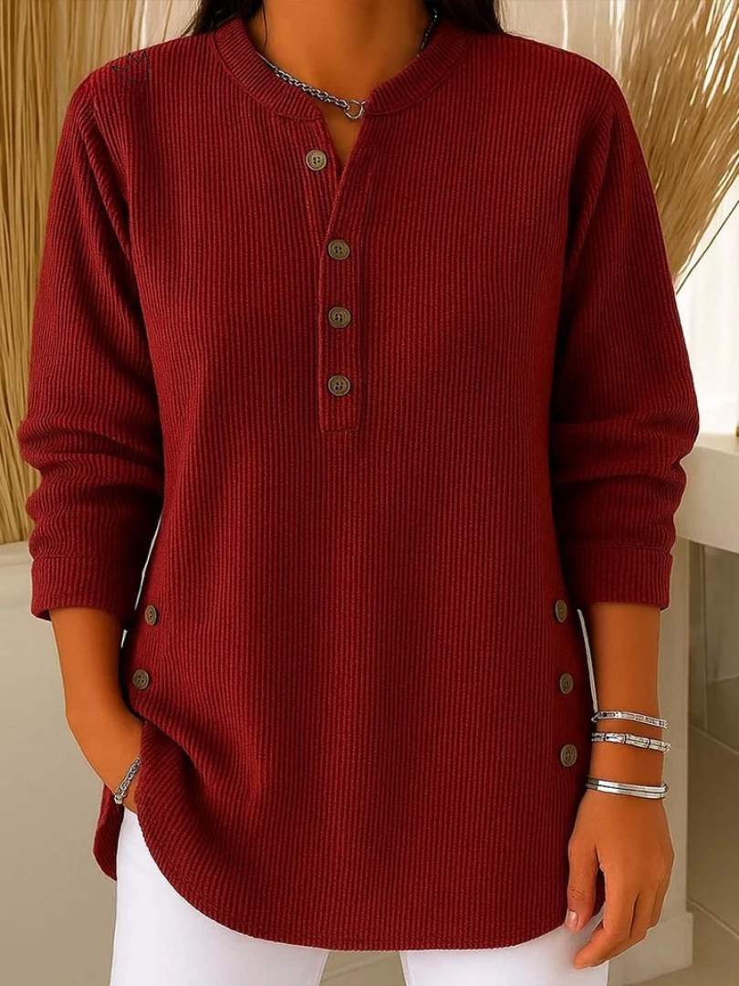 Women's Long Sleeve Top | Ribbed Button-Placket Henley