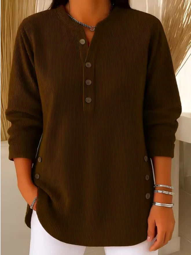 Women's Long Sleeve Top | Ribbed Button-Placket Henley