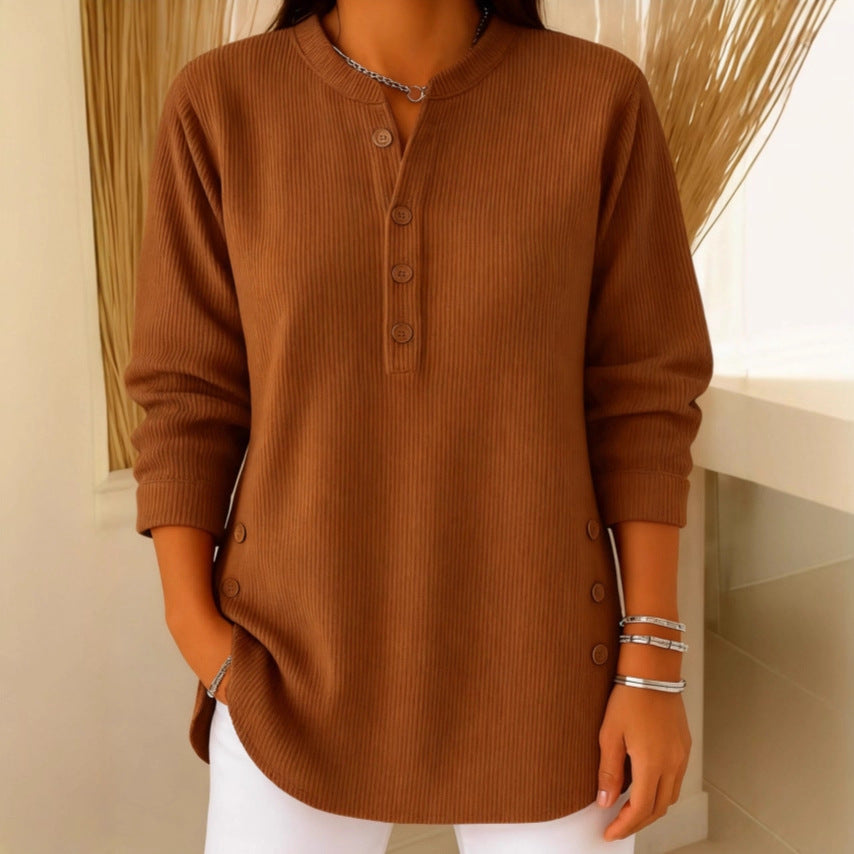 Women's Long Sleeve Top | Ribbed Button-Placket Henley