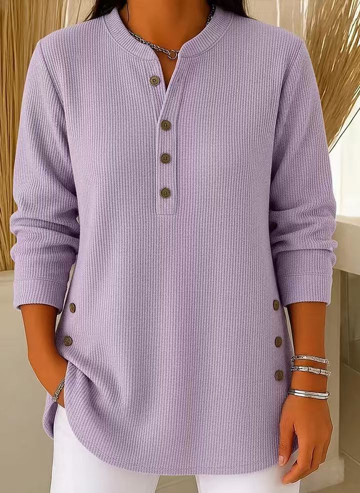 Women's Long Sleeve Top | Ribbed Button-Placket Henley