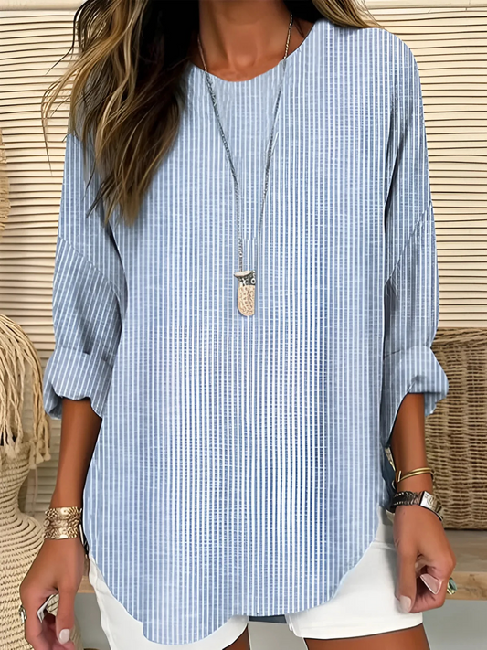 Women's Long Sleeve Top | Round Neck, Curved Tunic Hem