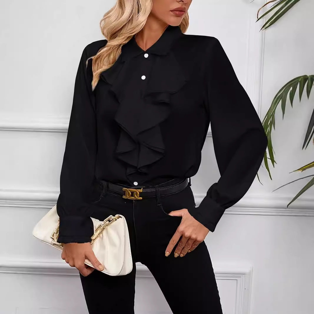 Women's Long Sleeve Top | Ruffle Front, Pointed Collar