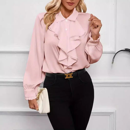 Women's Long Sleeve Top | Ruffle Front, Pointed Collar