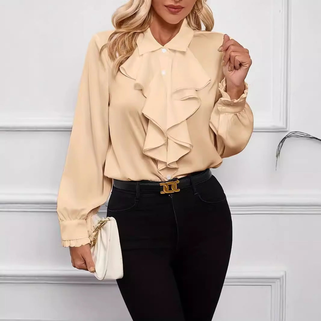 Women's Long Sleeve Top | Ruffle Front, Pointed Collar