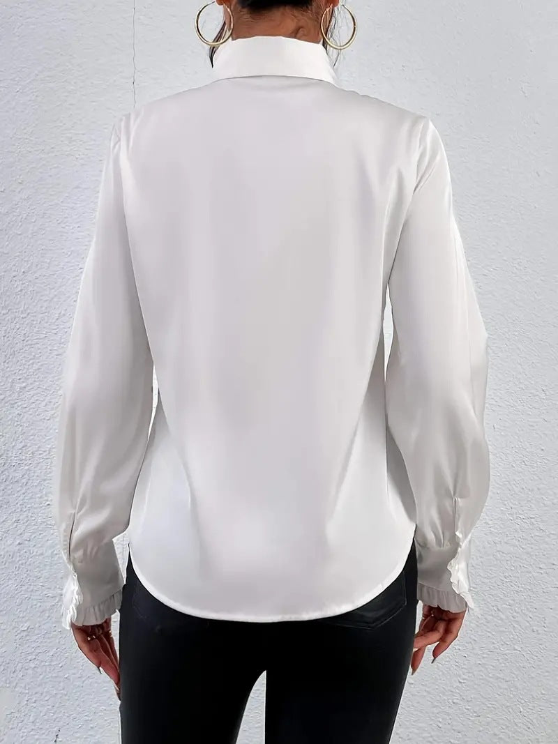 Women's Long Sleeve Top | Ruffle Front, Pointed Collar
