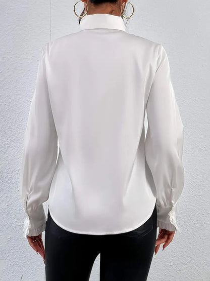 Women's Long Sleeve Top | Ruffle Front, Pointed Collar