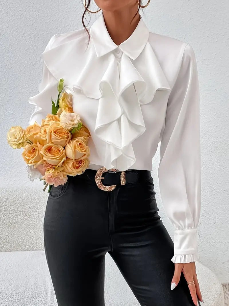 Women's Long Sleeve Top | Ruffle Front, Pointed Collar